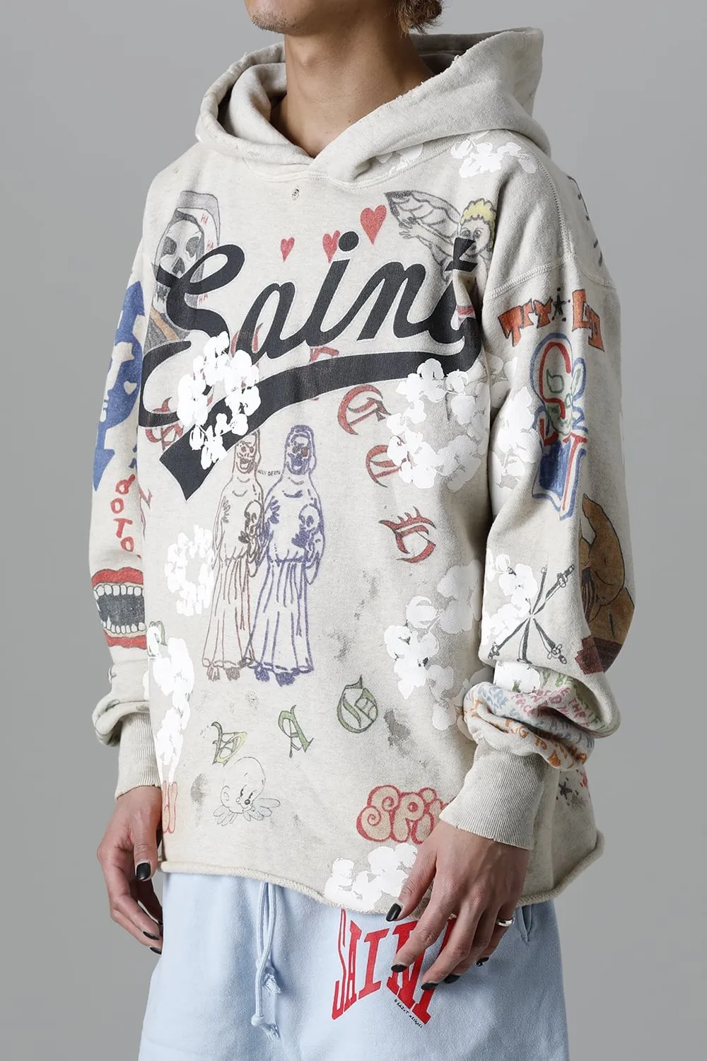 DENIM TEARS × ©SAINT M×××××× "SAINT TEARS" Graffiti Hoodie Joint Model Cotton Graffiti Hoodie Fully Printed Washed Distressed Holes Vintage Sweatshirt Gray S-XL Super Heavy Duty! The whole piece is printed with 35 screens and counterpoint printing!